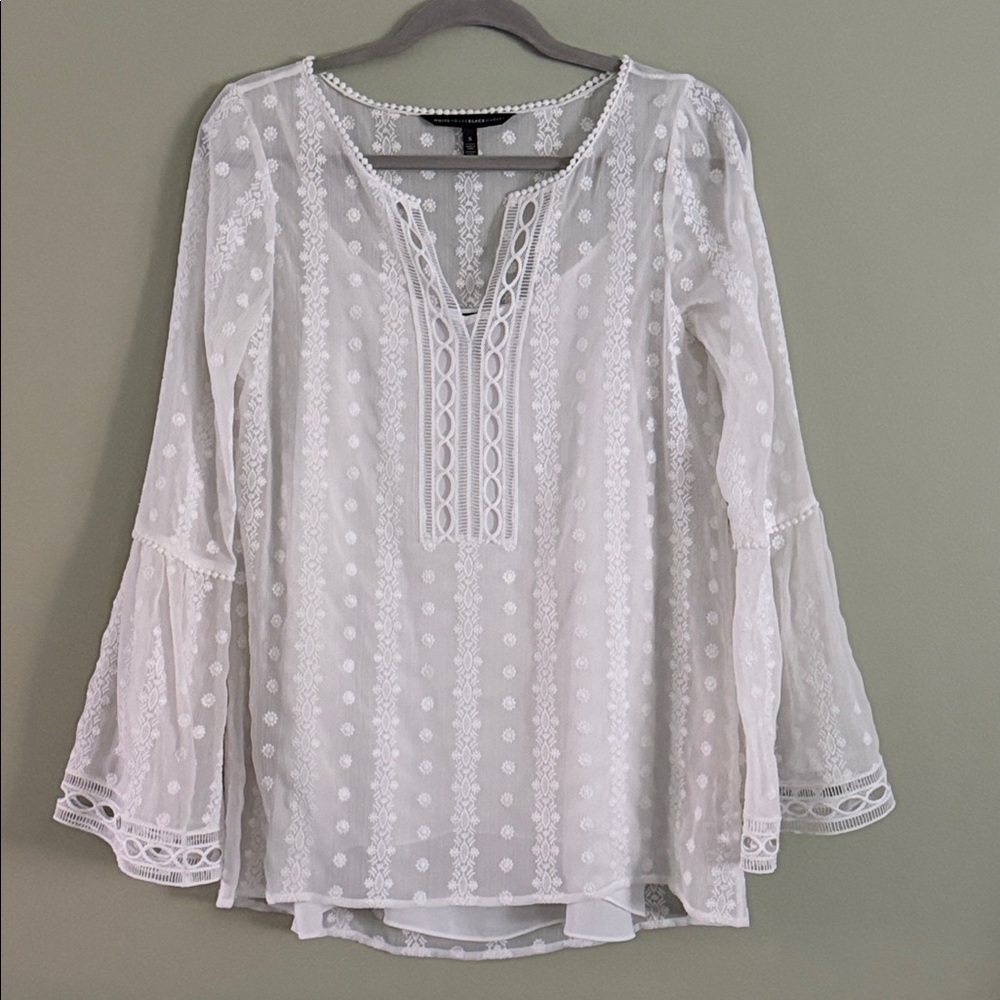 WHBM Exaggerated Bell Sleeves Sheer Embroidered Lace Trim Peasant Top & Camisole